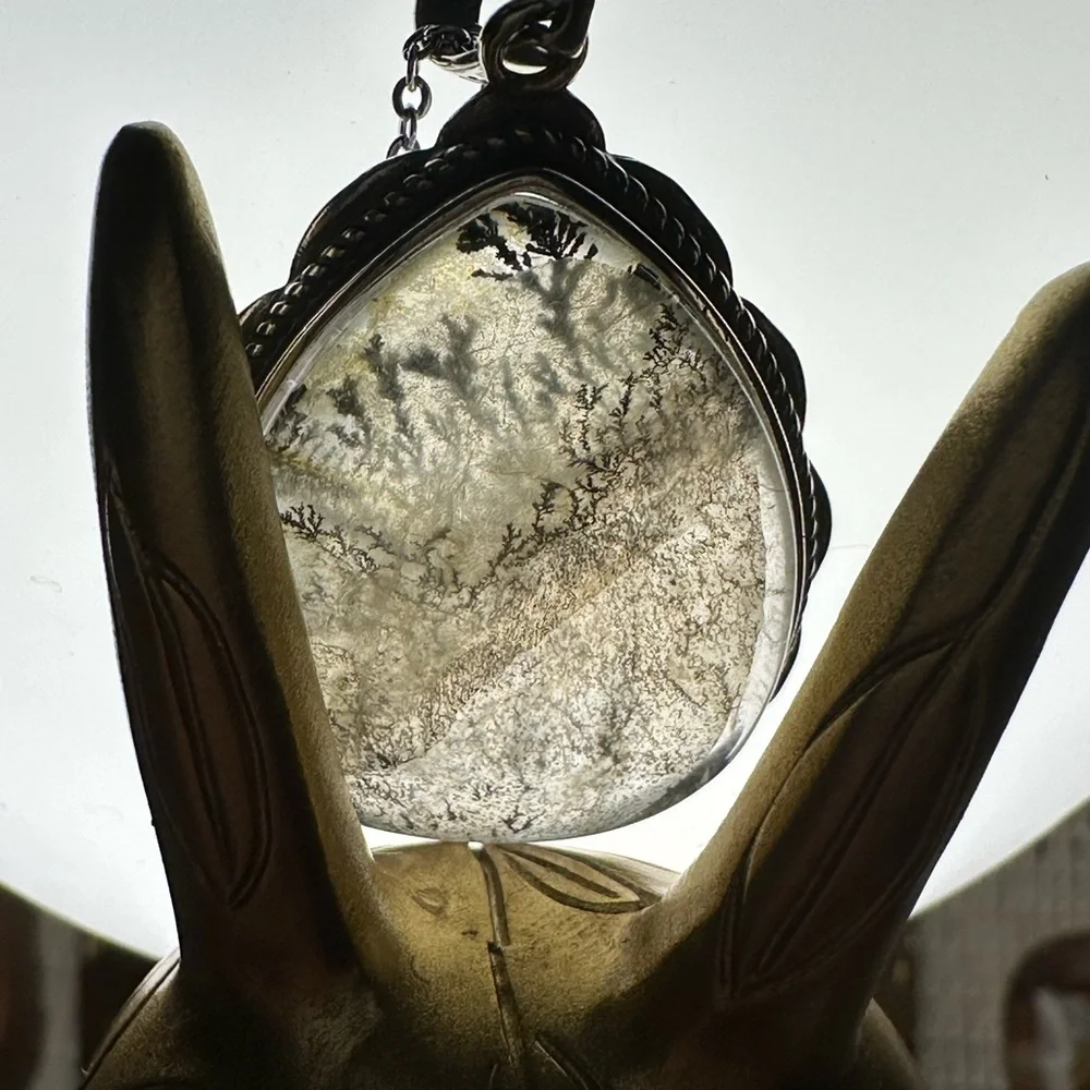Dendritic Agate Teardrop Pendant in Silver 925 Setting on Silver 925 Chain - Picture 12 of 16